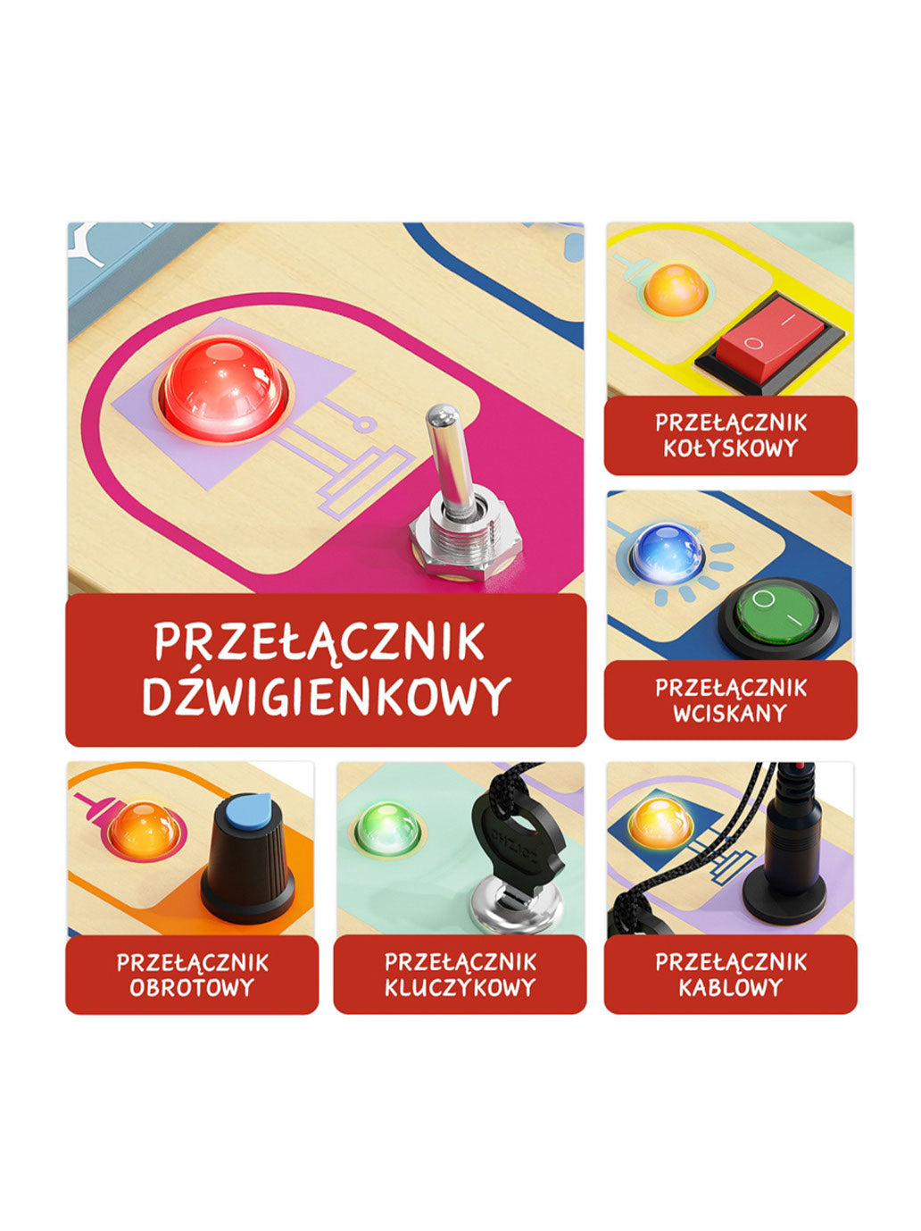 Drewniana tablica manipulacyjna z przełącznikami